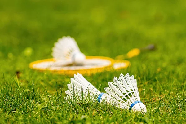 Biały Shuttlecock Zbliżenie Zielonej Łące Żółtymi Rakiety Badminton Rozmytym Tle — Zdjęcie stockowe