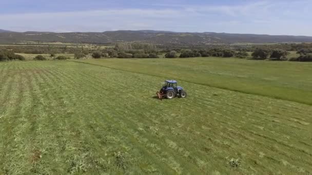 11Vogelauge des Traktormähers in Betrieb, der das Gras im Bereich der Landwirtschaft schneidet — Stockvideo