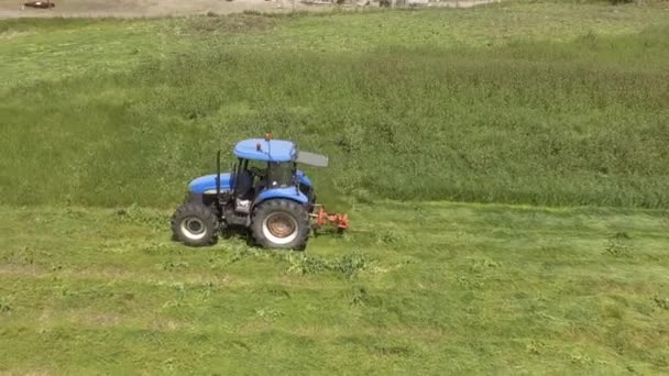 6ojo de pájaro de la cortadora de tractores en funcionamiento que corta la hierba en el campo de la agricultura — Vídeo de stock