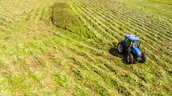 bird eye of tractor mower in operation that cuts the grass in the field of agriculture