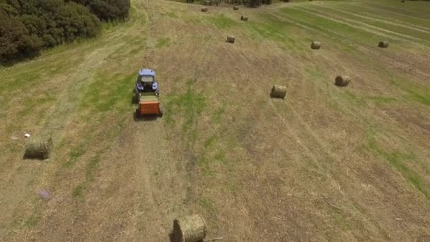 Bird eye of Man at work on the tractor with hay baler — Stock Video