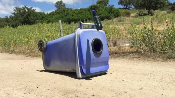 Bottiglia di plastica volante con cestino di riciclaggio — Video Stock