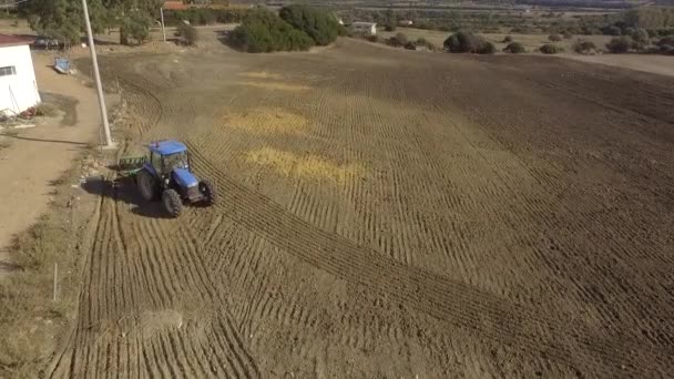 Bovenaanzicht van een in bedrijf zijnde blauwe trekker die na het zaaien de grond verbrijzelt — Stockvideo