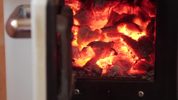 Cerrando la puerta del horno de leña con el fuego en el costado y las brasas que brillan — Vídeos de Stock