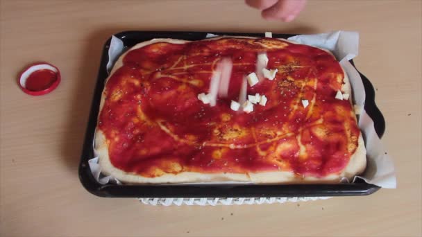 Italienischer Mozzarella Käse Würfel Geschnitten Regen Der Italienischen Pizza Mit — Stockvideo