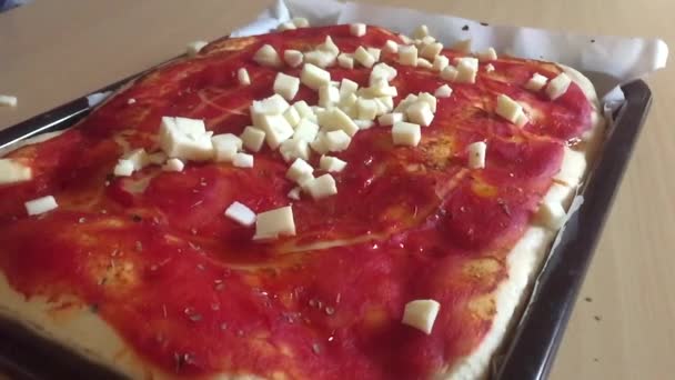 イタリアのモッツァレラチーズのゆっくりとした動きは 生地で作られたイタリアのピザのキューブ落下雨にカット — ストック動画
