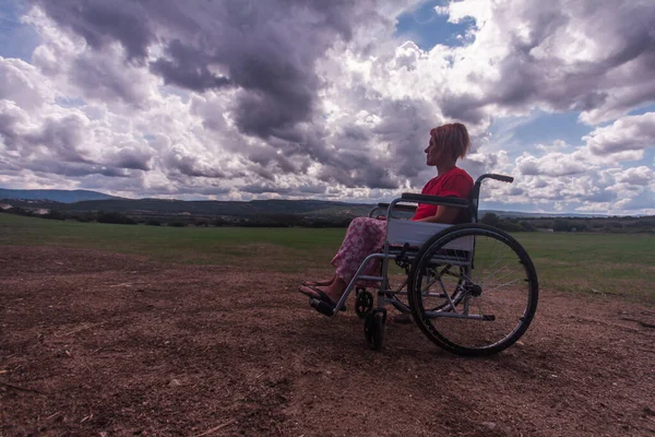 Široký Úhel Zdravotně Postižené Dívka Sedí Invalidním Vozíku Uprostřed Zeleného — Stock fotografie