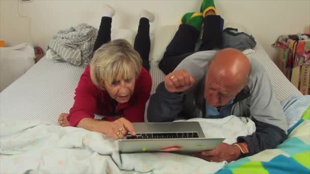 寝室のベッドの上の高齢者のカップルは マットレスの上に置かれたラップトップを強く打つ離婚の可能性を熱烈に主張します — ストック動画