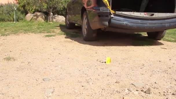 Cão de droga que passa na frente do capô traseiro do carro acompanhado pela polícia — Vídeo de Stock