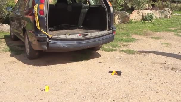 Собака К9 находит наркоту на заднем капоте машины в сопровождении полицейского — стоковое видео