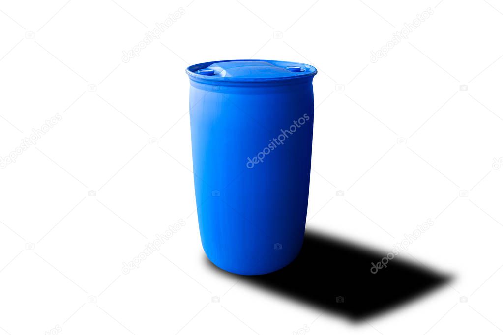 Plastic drum with blue color isolated on white background, Clipping path of chemical drum