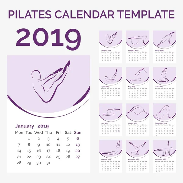 Calendario 2019 Con Pilates Plantea Ilustración Vectorial — Vector de stock