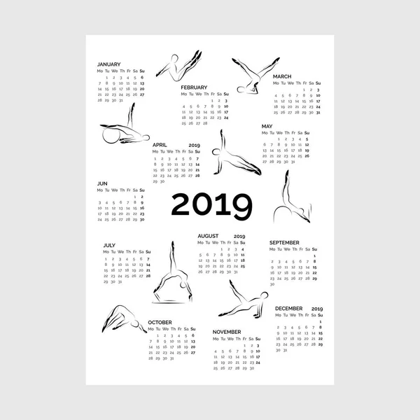 Calendario 2019 Con Pilates Plantea Ilustración Vectorial — Vector de stock