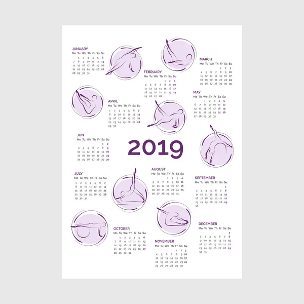 Calendario 2019 Con Pilates Plantea Ilustración Vectorial — Vector de stock