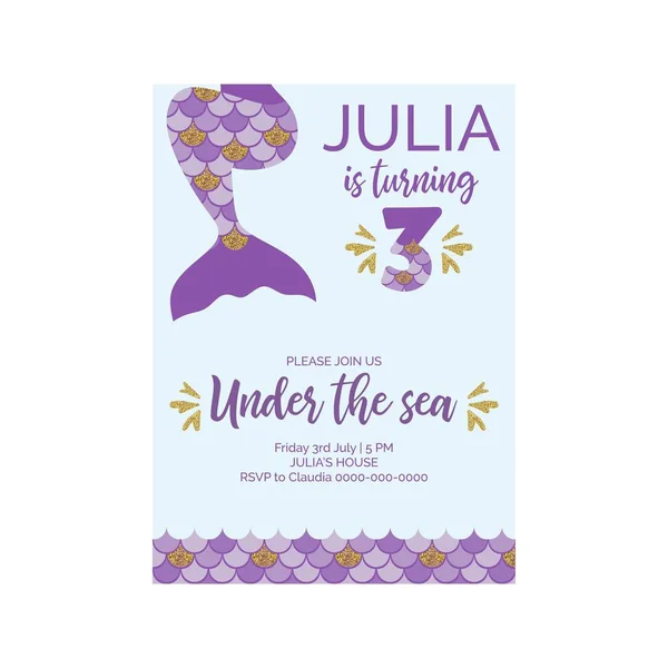 Cute birthday invitation for little mermaid Sea Party.Mermaid third birthday vector illustration