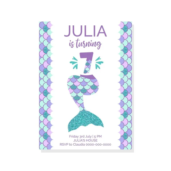 Küçük deniz kızı deniz Party.Mermaid yedinci Doğum günü vektör çizim için şirin Doğum günü davetiyesi 