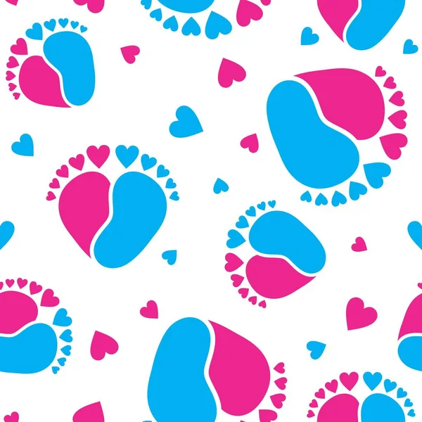 赤ちゃんの足とハート形状のシームレスなベクトルパターン — ストックベクタ
