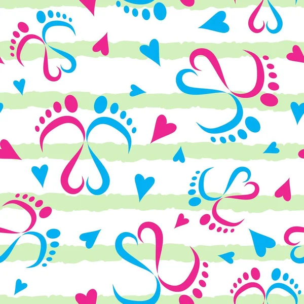 赤ちゃんの足とハート形状のシームレスなベクトルパターン — ストックベクタ