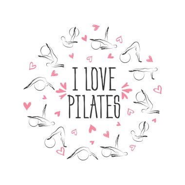 Pilates bir daire şeklinde poz verir. Tebrik kartları, duvar dekoru, tekstil tasarımı ve çok daha fazlası için idealdir.