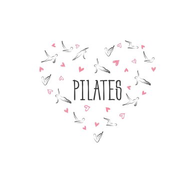 Pilates kalp şeklinde poz verir. Tebrik kartları, duvar dekoru, tekstil tasarımı ve çok daha fazlası için idealdir.