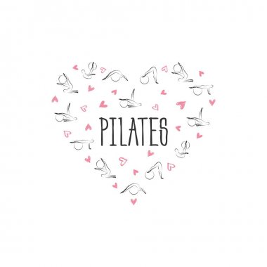 Pilates kalp şeklinde poz verir. Tebrik kartları, duvar dekoru, tekstil tasarımı ve çok daha fazlası için idealdir.