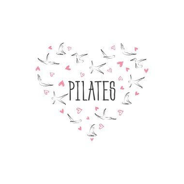 Pilates kalp şeklinde poz verir. Tebrik kartları, duvar dekoru, tekstil tasarımı ve çok daha fazlası için idealdir.