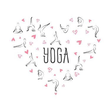 Yoga kalp şeklinde poz verir. Tebrik kartları, duvar dekoru, tekstil tasarımı ve çok daha fazlası için idealdir.