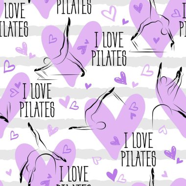 Pilates Poses and Heart Seamless Vector Pattern.Ideal for greeting cards, wall decor, textile design and much more. clipart