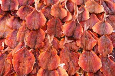 Balık pazarı iskelede güneşte kurutulmuş balık yığını. Deniz ürünleri, gıda, mutfak, doku ve arka plan için.