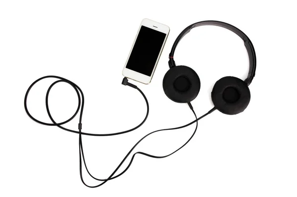 Black Studio Headphone Smart Phone Isolated White Background — Stock Photo, Image