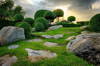 Stone Park & Bush mavi gökyüzü günü. Bu ön planda çim var.