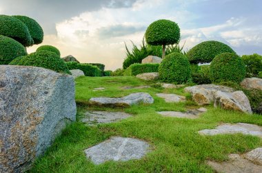 Stone Park & Bush mavi gökyüzü günü. Bu ön planda çim var.
