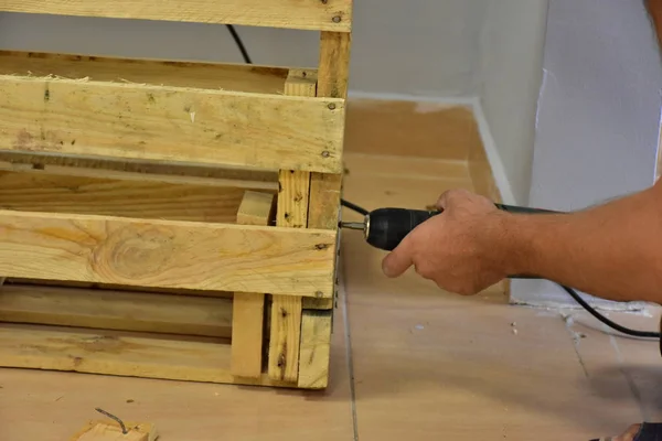 Carpenter Makes Wooden Furniture — Stock Photo, Image