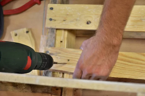 Carpinteiro Faz Móveis Madeira Construir — Fotografia de Stock