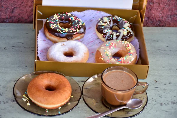 Boîte Avec Beignets Tasse Café — Photo