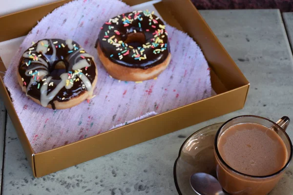 Boîte Avec Beignets Tasse Café — Photo