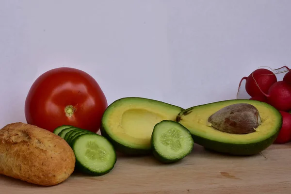 Bread Vegetables Wooden Background — Stock Photo, Image