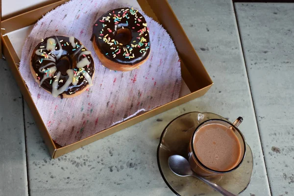 Caja Con Rosquillas Taza Café — Foto de Stock