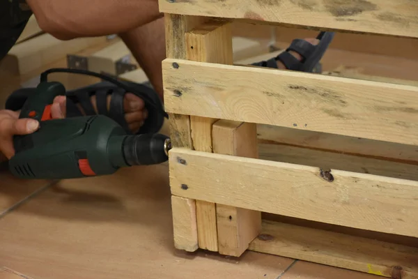 Carpinteiro Faz Móveis Madeira Construir — Fotografia de Stock