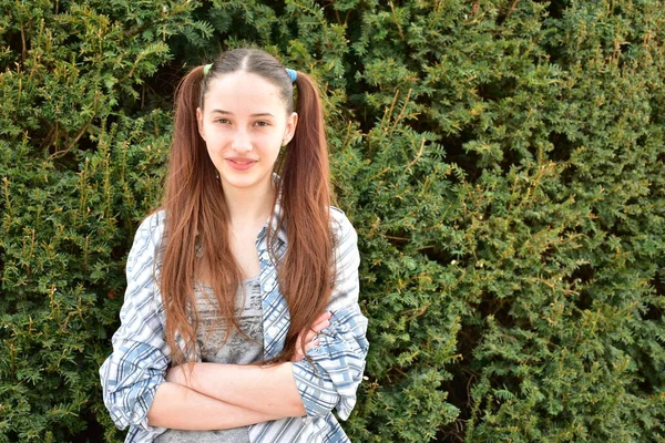 Hermosa Joven Posando Aire Libre Cerca Árbol Verde —  Fotos de Stock