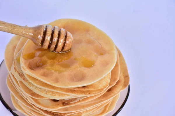 Pancakes Honey Blue Background — Stock Photo, Image