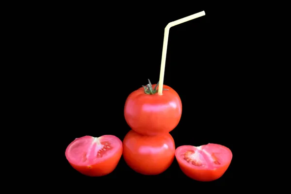 Tomates Com Palha Conceito Suco Tomate — Fotografia de Stock