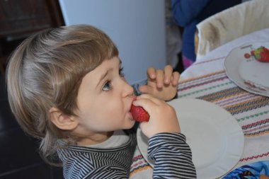 Çocuk çilek yiyor. 