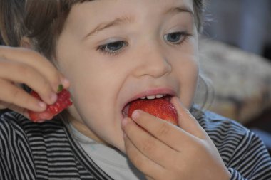 Çocuk çilek yiyor. 