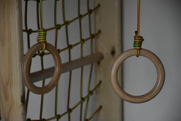 wooden gym rings on ropes, sport concept