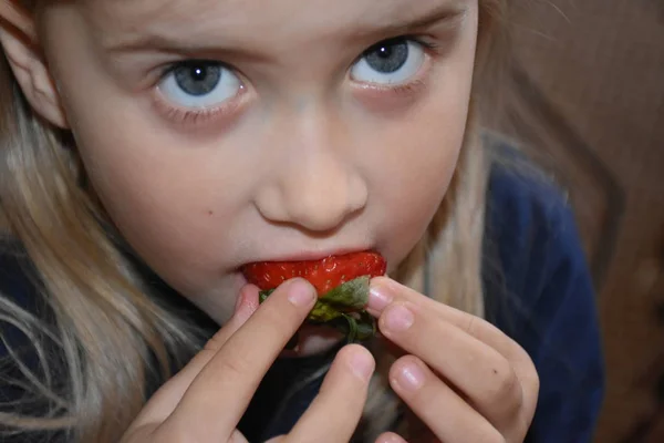 Child Eats Strawberries — Stock Photo, Image