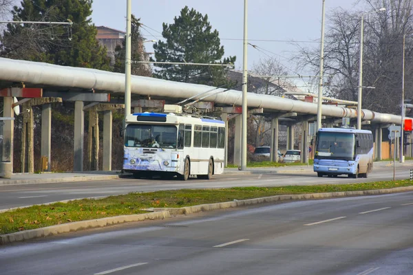 Urban street with city transport at daytime