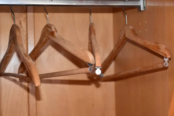 Closeup View Wooden Hangers Empty Wardrobe — Fotografia de Stock