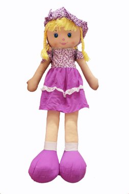 cute girl doll in pink dress isolated on white background