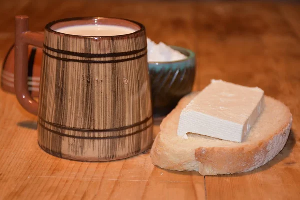 Bread Cheese Milk Wooden Table — Foto de Stock